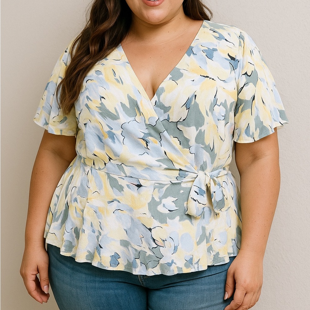 Skies Are Blue Curvy Floral True Wrap Blouse 1X Yellow Blue Short Sleeve
